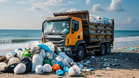 Garbage truck removing plastic waste from a polluted beach, environmental conservation concept. Ai generated imageの素材