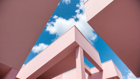 Modern pink building with geometric shapes and blue sky with clouds. AI generated imageの素材