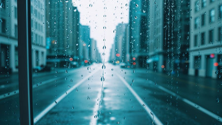 Raindrops trickling down a glass window pane, blurring a city street view on a rainy day, creating a melancholic urban atmosphere. AI generated imageの素材