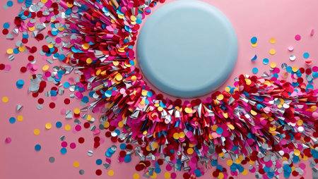 Festive explosion of colorful confetti surrounding a blue circle on a vibrant pink backdrop, creating a cheerful and celebratory atmosphere. AI generated imageの素材