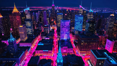 Aerial view of new york city skyline at night, showcasing vibrant and colorful lights illuminating buildings and streets. AI generated imageの素材