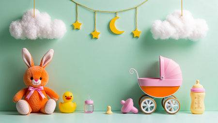 Baby shower concept featuring orange plush bunny, rubber ducky, stroller, and clouds on light green background. AI generated imageの素材