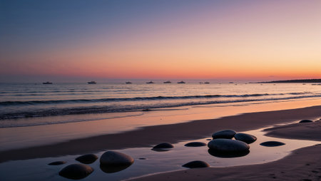 Fishing boats waiting for sunrise on a beautiful tropical beach with wet stones in the foreground. AI generated imageの素材