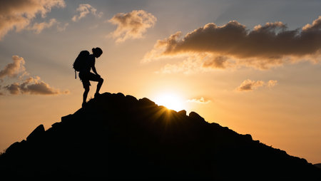 Silhouette of a hiker climbing a mountain at sunset, achieving success and enjoying the beautiful view. AI generated imageの素材