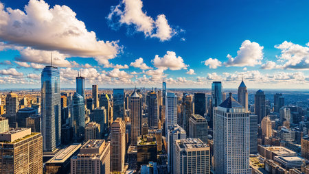 Modern skyscrapers dominate the skyline under a vibrant blue sky dotted with fluffy white clouds. AI generated imageの素材