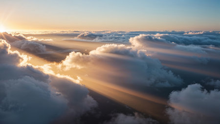 Beautiful aerial view of golden sunlight shining through clouds at sunset, creating a breathtaking view. AI generated imageの素材