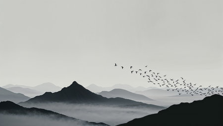 Flock of birds flying over misty mountain range, minimalist black and white landscape. AI generated imageの素材