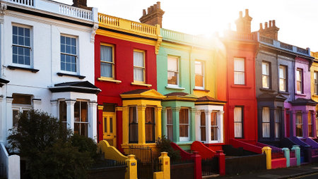 Row of brightly painted terraced houses creating a cheerful and welcoming atmosphere in a residential area. AI generated imageの素材