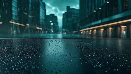 Rain falling on empty street at night with reflections on wet asphalt. Ai generated imageの素材
