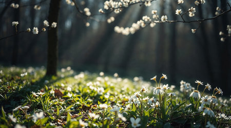 Beautiful white spring flowers blooming under a tree in a forest illuminated by sunlight. Ai generated imageの素材