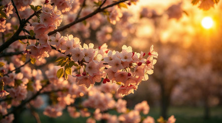 Pink cherry blossom branch blooming during a beautiful sunset. Ai generated imageの素材