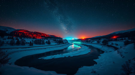 Stunning winter night scene with frozen river, illuminated snow, colorful sky, and milky way creating a magical atmosphere. Ai generated imageの素材