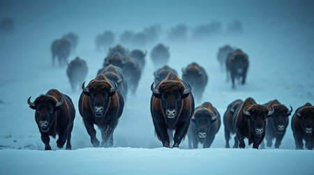 Herd of european bison running in the snow during winter migration. Ai generated imageの素材