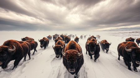 Herd of european bison running through snowy field under dramatic cloudy sky. Ai generated imageの素材