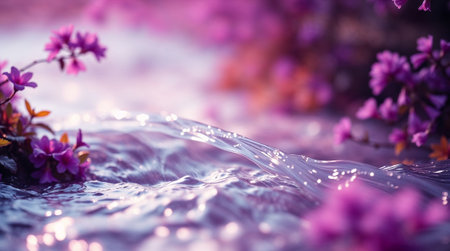 Crystal clear water flows gently amidst a vibrant display of purple flowers, creating a serene natural scene. Ai generated imageの素材
