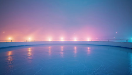 Outdoor ice skating rink with lights reflecting on the icy surface in a foggy night creating a beautiful pastel colored sky. Ai generated imageの素材