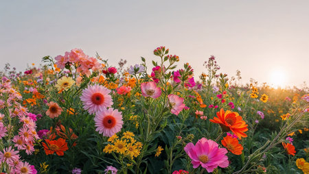 A lush field with diverse wildflowers glowing under soft sunlight at sunrise. AI generated imageの素材