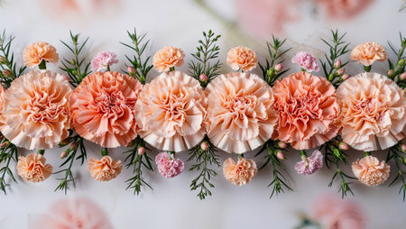 A stunning arrangement of peach carnations with lush green foliage, showcasing nature's beauty. AI generated imageの素材