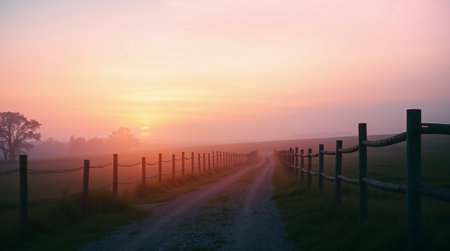 Gravel road disappearing into the mist during a vibrant sunrise, flanked by wooden fences in a serene countryside setting. Ai generated imageの素材