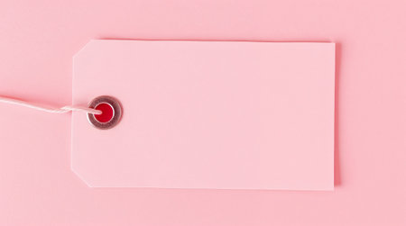 Pink rectangular label with string attached laying on a pink background, creating a simple yet stylish image for retail and pricing concepts. Ai generated imageの素材