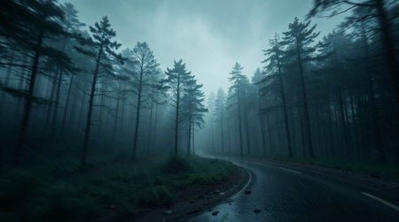 Wet asphalt road winding through a mysterious foggy forest at dusk, creating a dark and moody atmosphere. Ai generated imageの素材