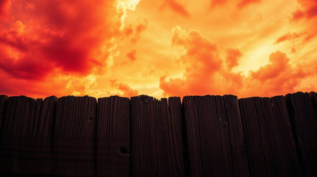 Intense orange and red clouds creating a dramatic sunset sky over a dark wooden fence. Ai generated imageの素材