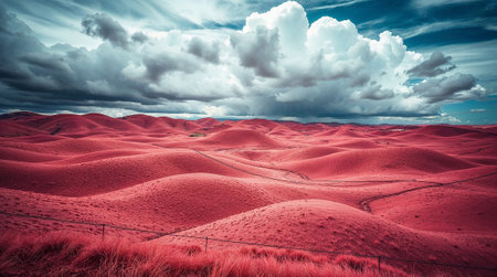 Infrared photography of a surreal landscape with vibrant red hills, a winding dirt road, and a dramatic cloudy sky. Ai generated imageの素材