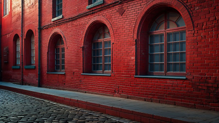 Cobblestone street passing alongside a red brick building with arched windows. Ai generated imageの素材
