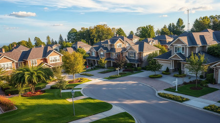 Aerial view of a peaceful residential area with elegant houses, manicured lawns, and tree lined streets on a sunny day. Ai generated imageの素材