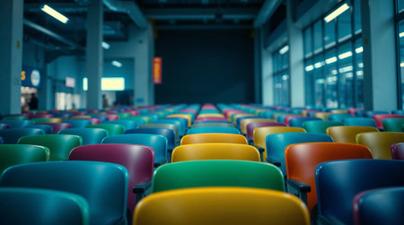 Rows of vibrant, empty chairs await an audience in a spacious venue, hinting at an upcoming event. Ai generated imageの素材