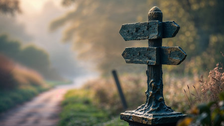 Wooden direction sign with two blank arrows pointing in opposite directions by a misty path at sunrise. Ai generated imageの素材