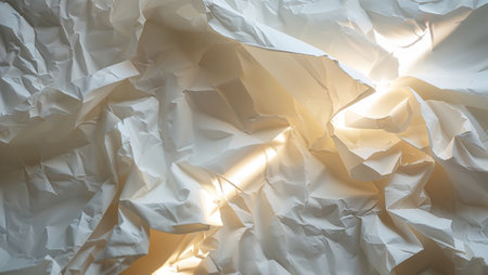 Backlit crumpled white paper forms abstract shapes and textures, with sunlight filtering through the folds. Ai generated imageの素材