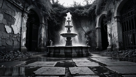 Water flows from a majestic fountain in a deserted courtyard with crumbling walls and overgrown vegetation. Ai generated imageの素材