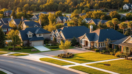 Aerial view of a peaceful suburban community with beautiful homes, manicured lawns, and trees bathed in the warm glow of the setting sun. Ai generated imageの素材