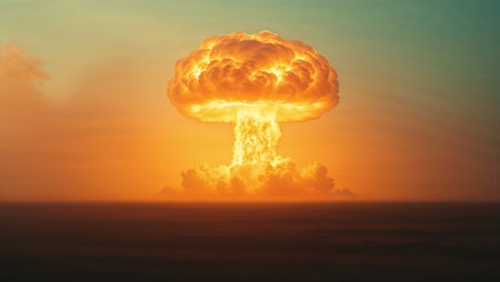 Mushroom cloud rising over desert landscape after nuclear explosion at sunset. Ai generated imageの素材