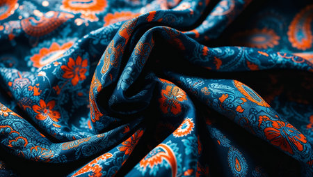 Teal and orange paisley patterned fabric flowing in soft folds, creating an elegant and textured background. Ai generated imageの素材
