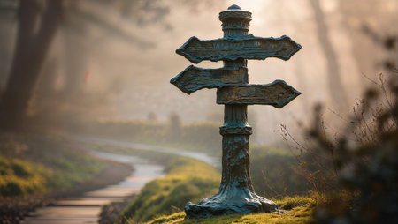 Empty wooden signpost pointing in two different directions in a misty forest, creating a mysterious atmosphere. Ai generated imageの素材