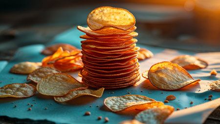 Crispy potato chips stacked high, catching golden sunlight on a rustic table, creating a tempting snack scene. Ai generated imageの素材