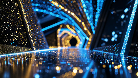 Wet floor of a futuristic corridor glowing with blue and gold lights. Ai generated imageの素材