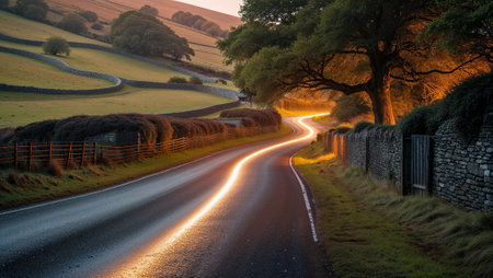 Light trails illuminating scenic winding road at sunset in beautiful countryside landscape. Ai generated imageの素材