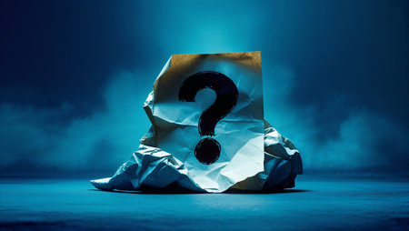 Crumpled piece of paper with question mark under dramatic blue atmosphere light, creating a mysterious and uncertain. Ai generated imageの素材