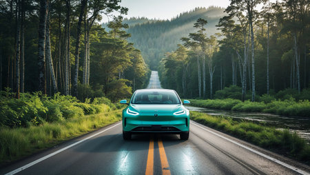 Turquoise electric vehicle driving through lush green forest on a scenic asphalt road at sunset, promoting sustainable transportation and eco friendly travel. Ai generated imageの素材