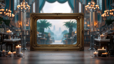 Luxurious interior design with golden frame showing tropical garden and candles burning on wooden floor. Ai generated imageの素材