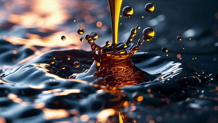 Golden liquid jet splashing on a dark surface, creating a crown shaped splash and droplets. Ai generated imageの素材
