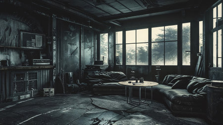 Deserted industrial loft with decaying furniture, broken windows, and signs of neglect, creating a haunting atmosphere. Ai generated imageの素材
