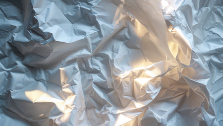 Close up of crumpled white wrapping paper, illuminated from behind, forming an abstract pattern of light and shadow. Ai generated imageの素材