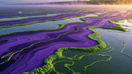 Aerial view of purple aquatic plants covering the surface of a lake at sunset, creating a surreal and colorful landscape. Ai generated imageの素材