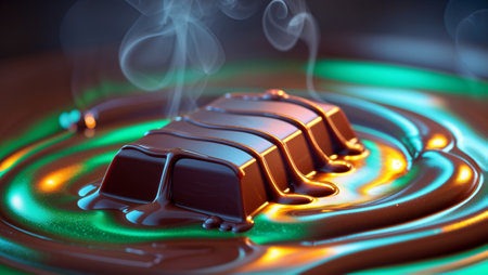 Steaming hot chocolate bar melting and generating ripples in a pool of liquid chocolate. Ai generated imageの素材