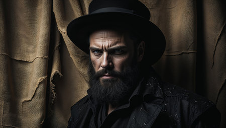 Victorian undertaker with black top hat and black clothes frowning in mourning. Ai generated imageの素材