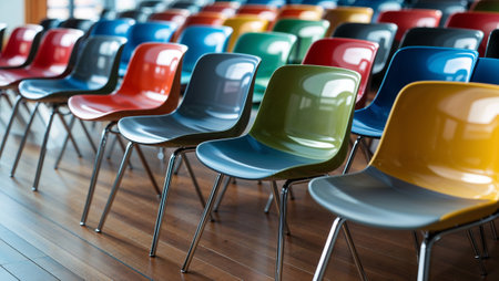 Rows of colorful chairs await attendees in a modern conference or event space. Ai generated imageの素材
